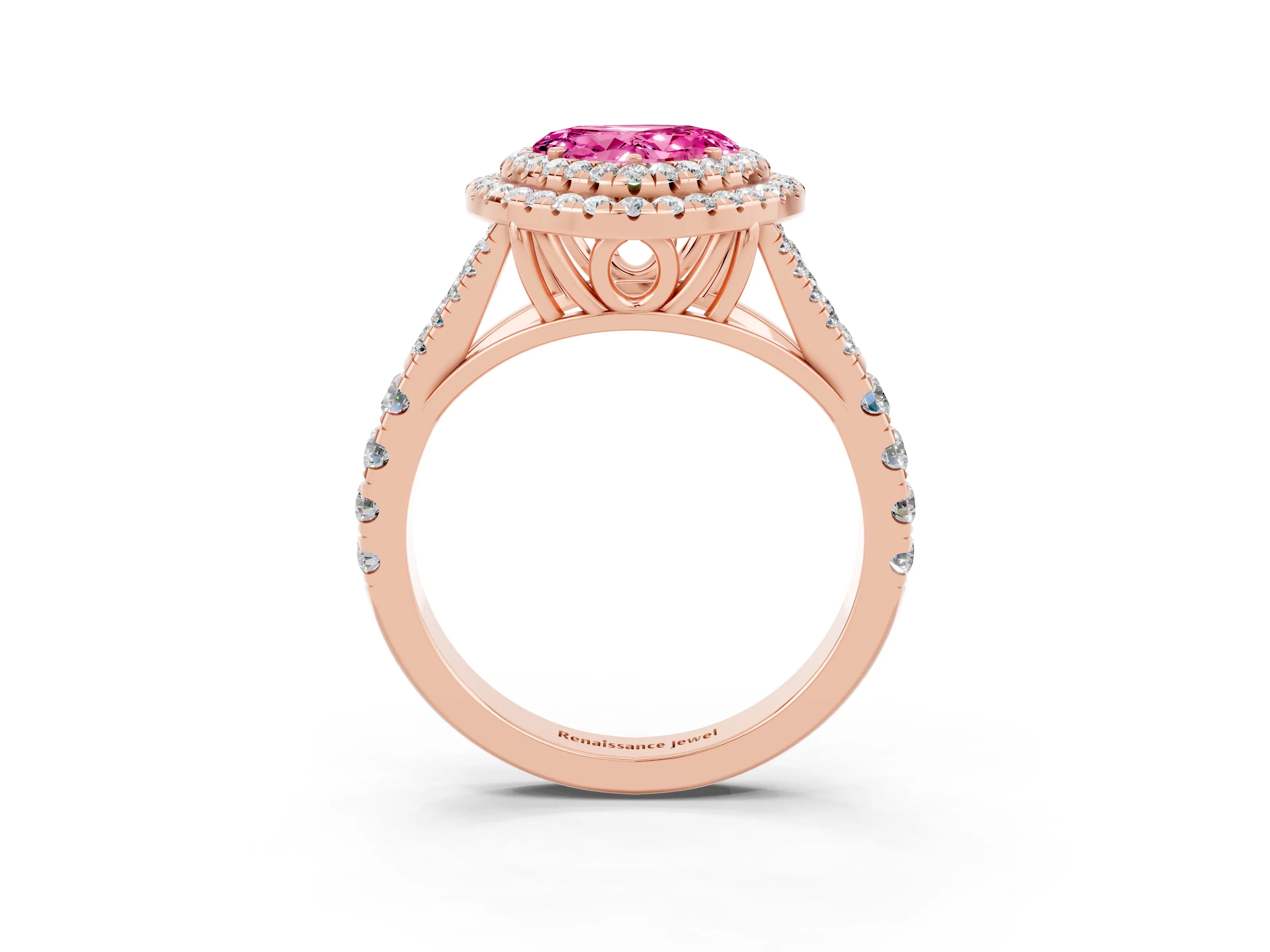 Rose gold Double Halo Heart Cut Pink Sapphire Split Shank Engagement Ring with Four-Prong Setting_3