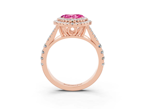 Rose gold Double Halo Heart Cut Pink Sapphire Split Shank Engagement Ring with Four-Prong Setting