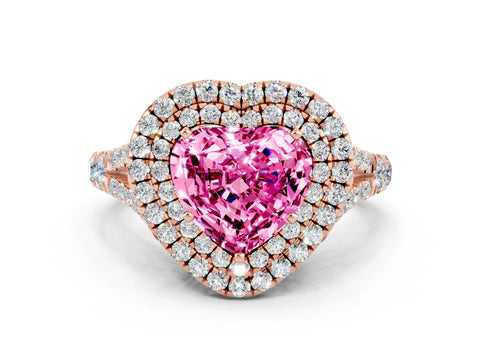 Rose gold Double Halo Heart Cut Pink Sapphire Split Shank Engagement Ring with Four-Prong Setting