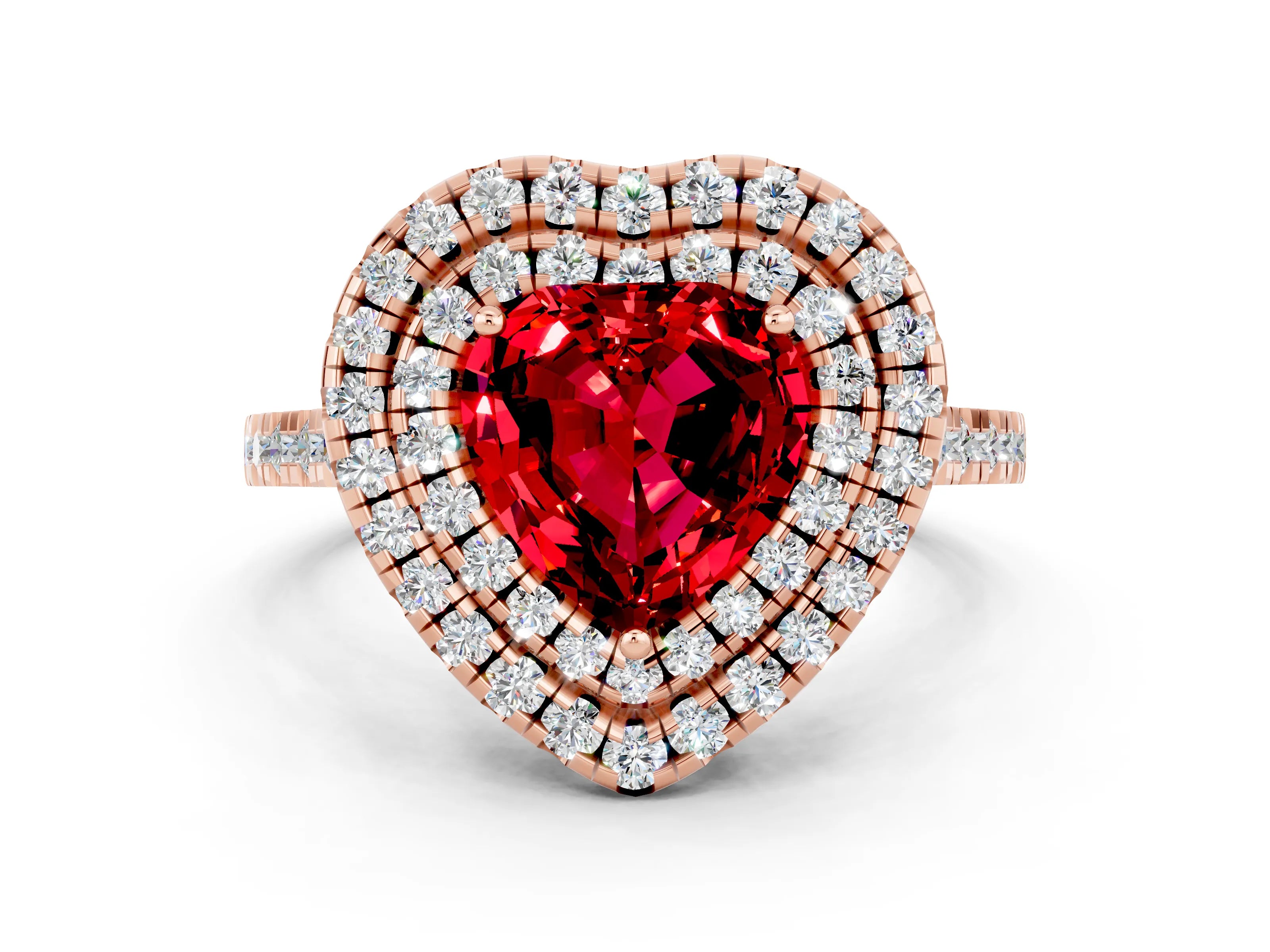 Rose gold Double Halo Heart Cut Ruby Pavé Band with Four-Prong Setting