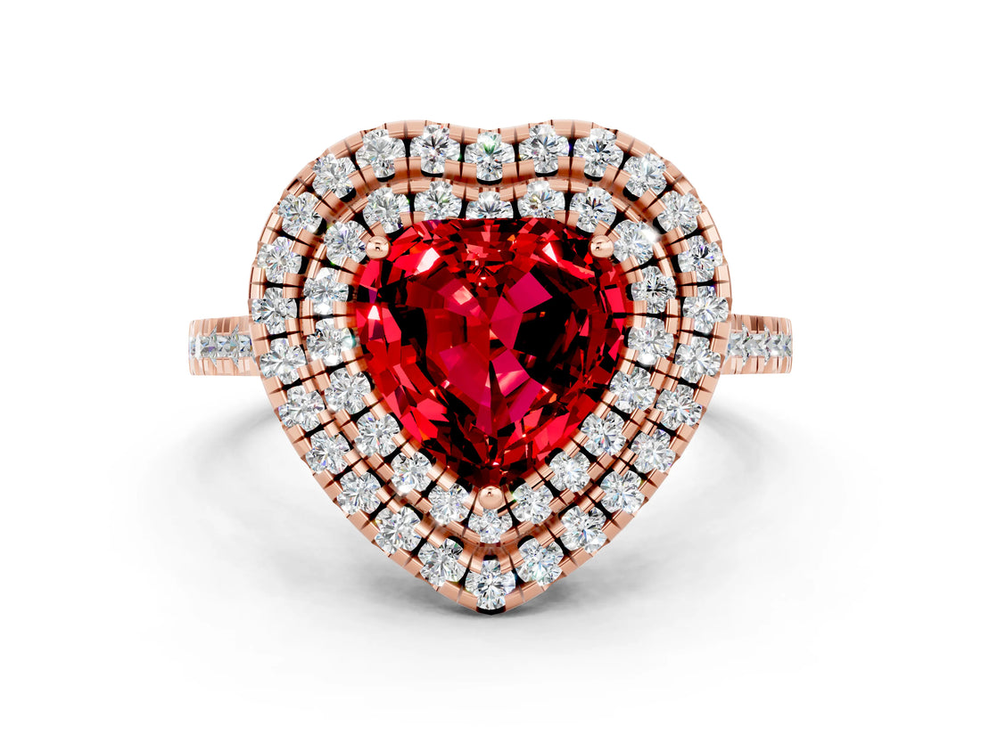 Rose gold Double Halo Heart Cut Ruby Pavé Band with Four-Prong Setting