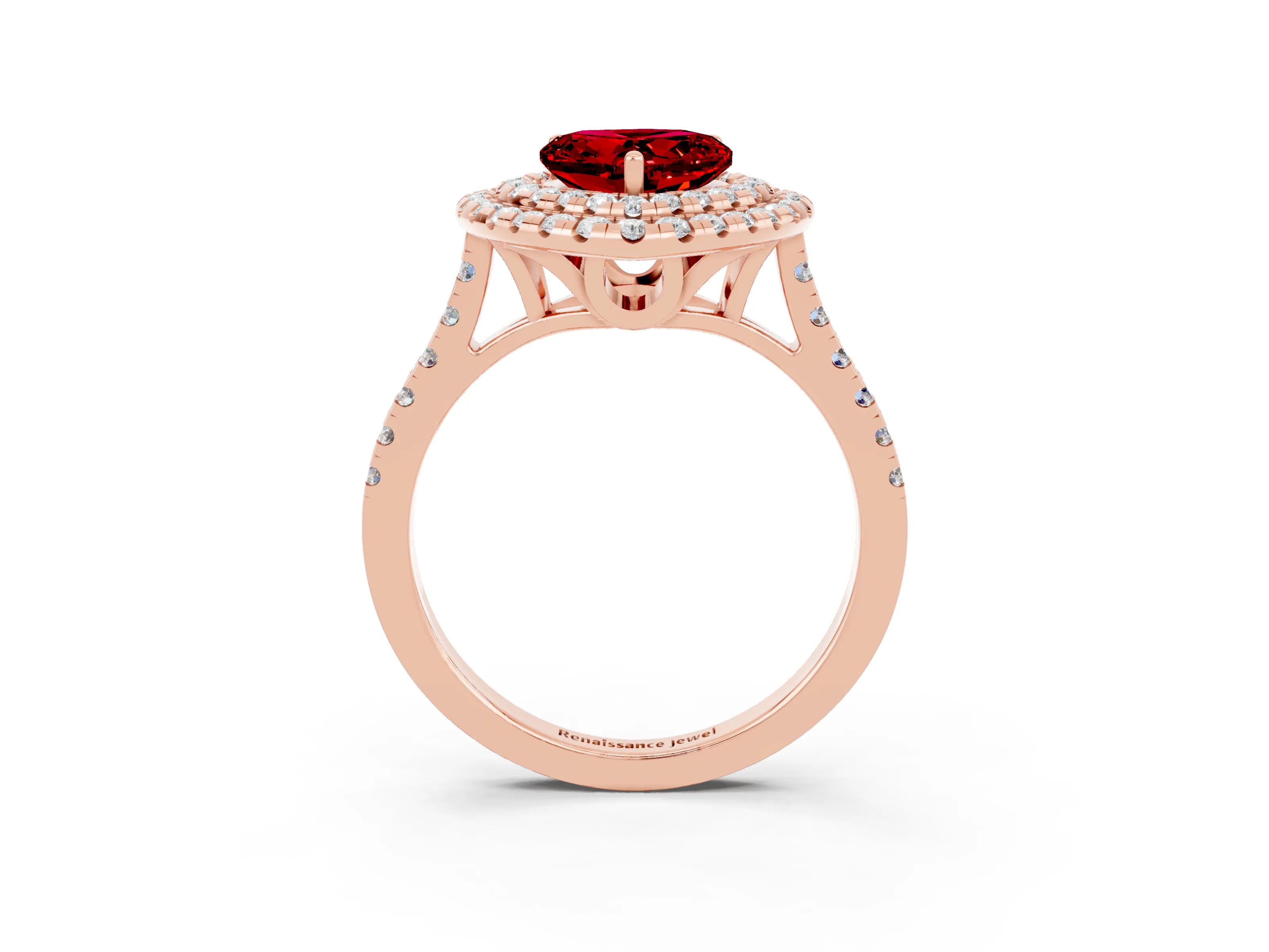 Rose gold Double Halo Heart Cut Ruby Pavé Band with Four-Prong Setting_3