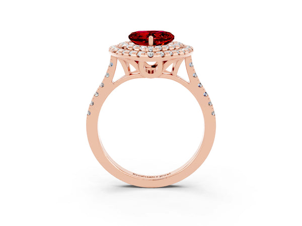 Rose gold Double Halo Heart Cut Ruby Pavé Band with Four-Prong Setting