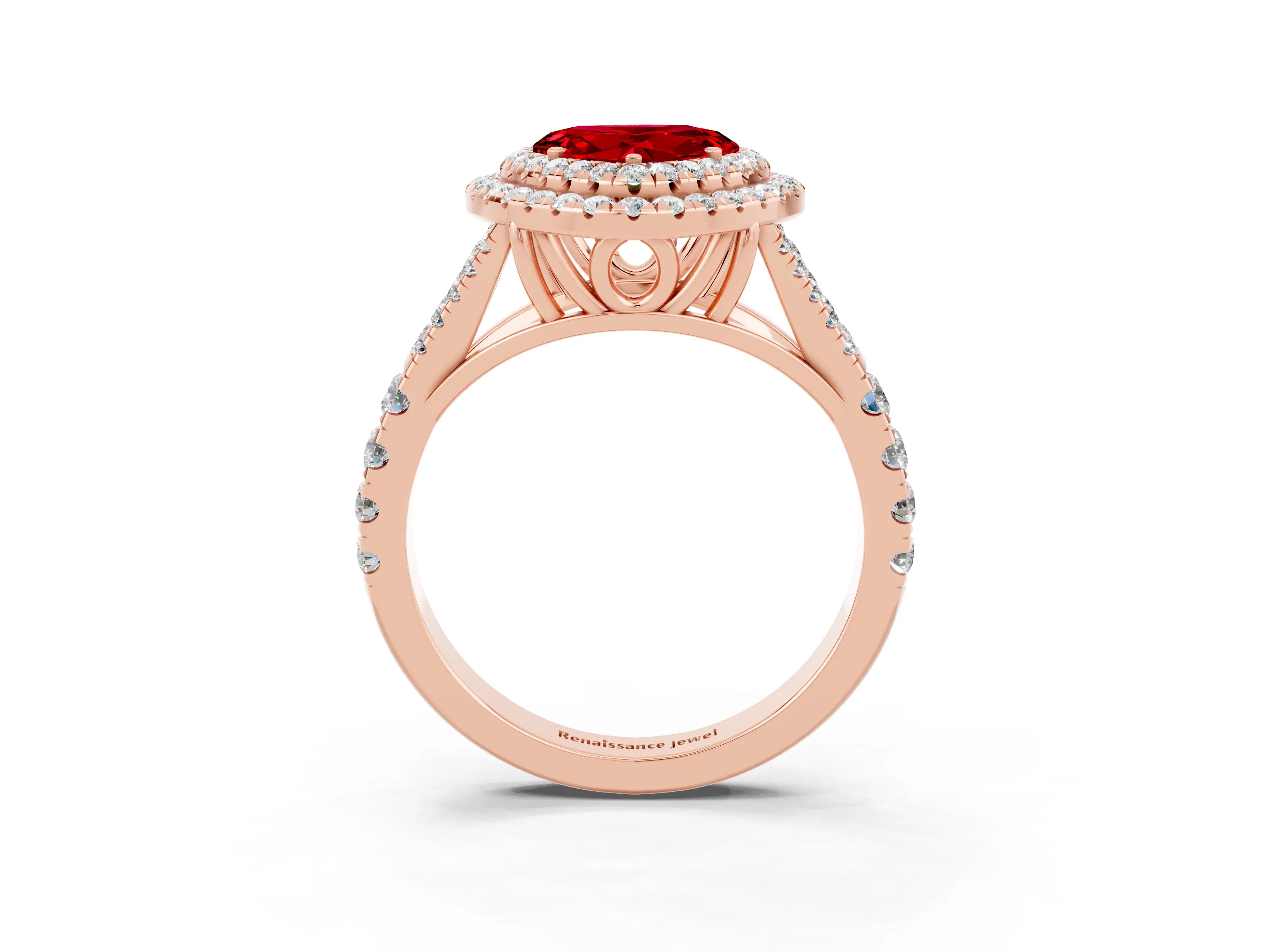 Rose gold Double Halo Heart Cut Ruby Pavé Split Shank Ring with Prong Setting_3