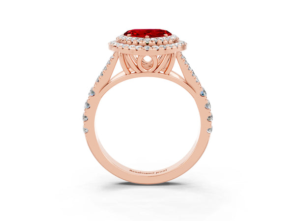 Rose gold Double Halo Heart Cut Ruby Pavé Split Shank Ring with Prong Setting
