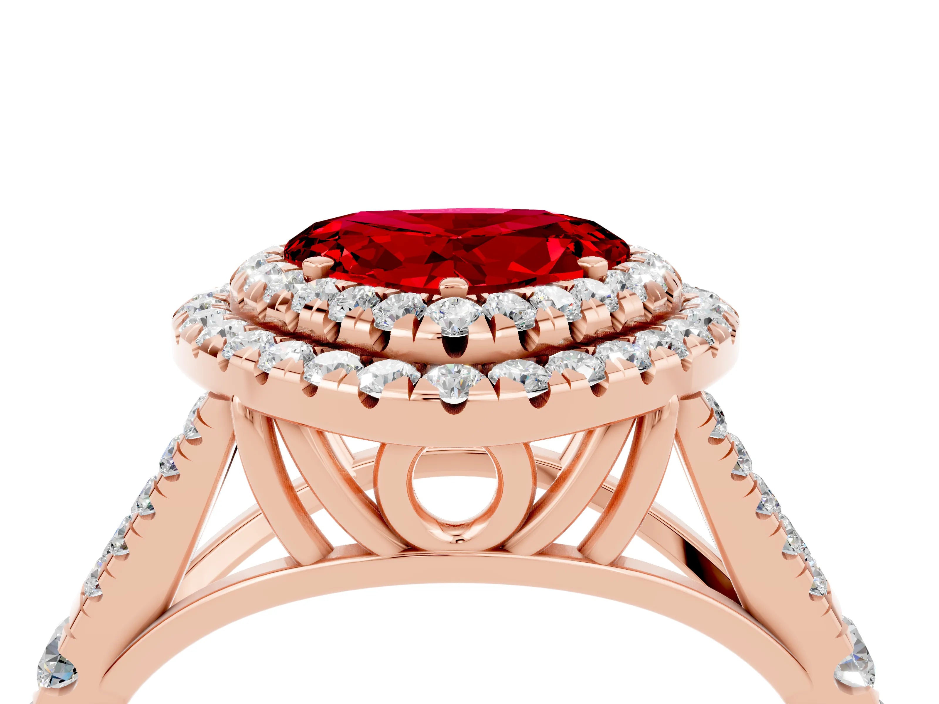Rose gold Double Halo Heart Cut Ruby Pavé Split Shank Ring with Prong Setting_4