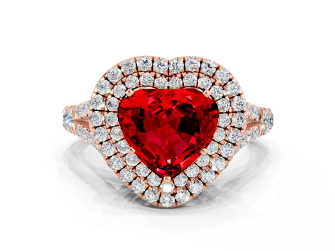 Rose gold Double Halo Heart Cut Ruby Pavé Split Shank Ring with Prong Setting