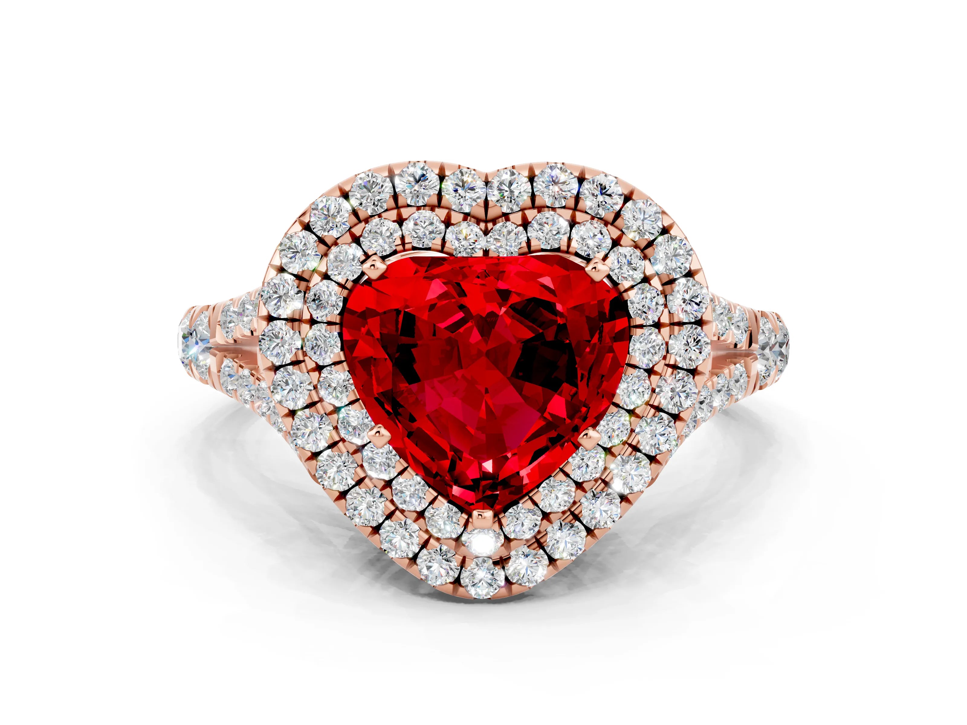 Rose gold Double Halo Heart Cut Ruby Split Shank Engagement Ring with Four-Prong Setting