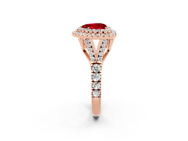 Rose gold Double Halo Heart Cut Ruby Split Shank Engagement Ring with Four-Prong Setting