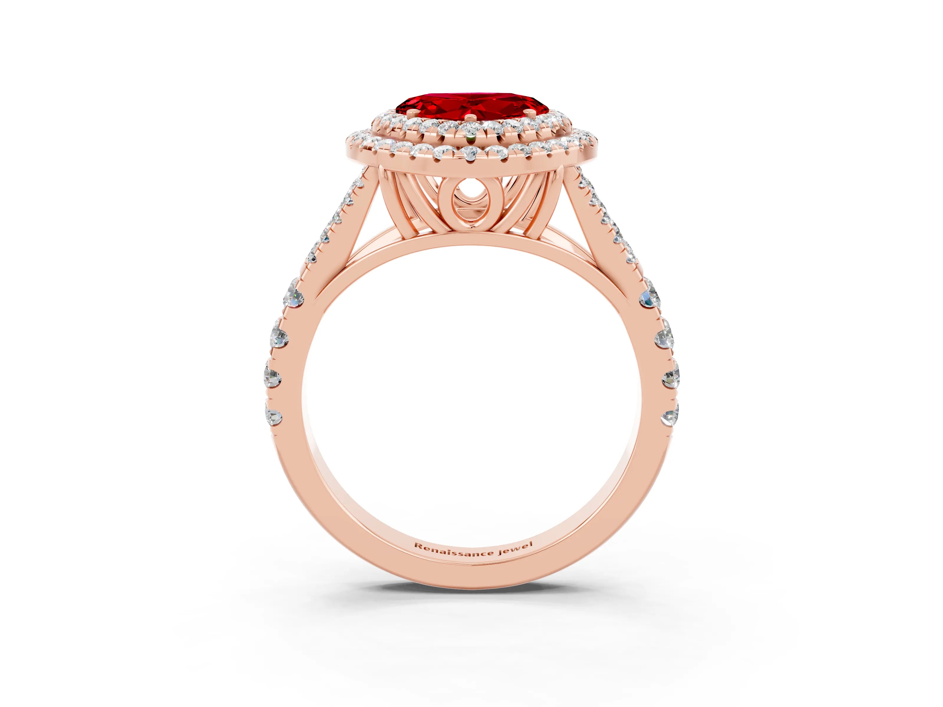 Rose gold Double Halo Heart Cut Ruby Split Shank Engagement Ring with Four-Prong Setting_3