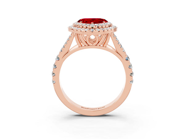 Rose gold Double Halo Heart Cut Ruby Split Shank Engagement Ring with Four-Prong Setting