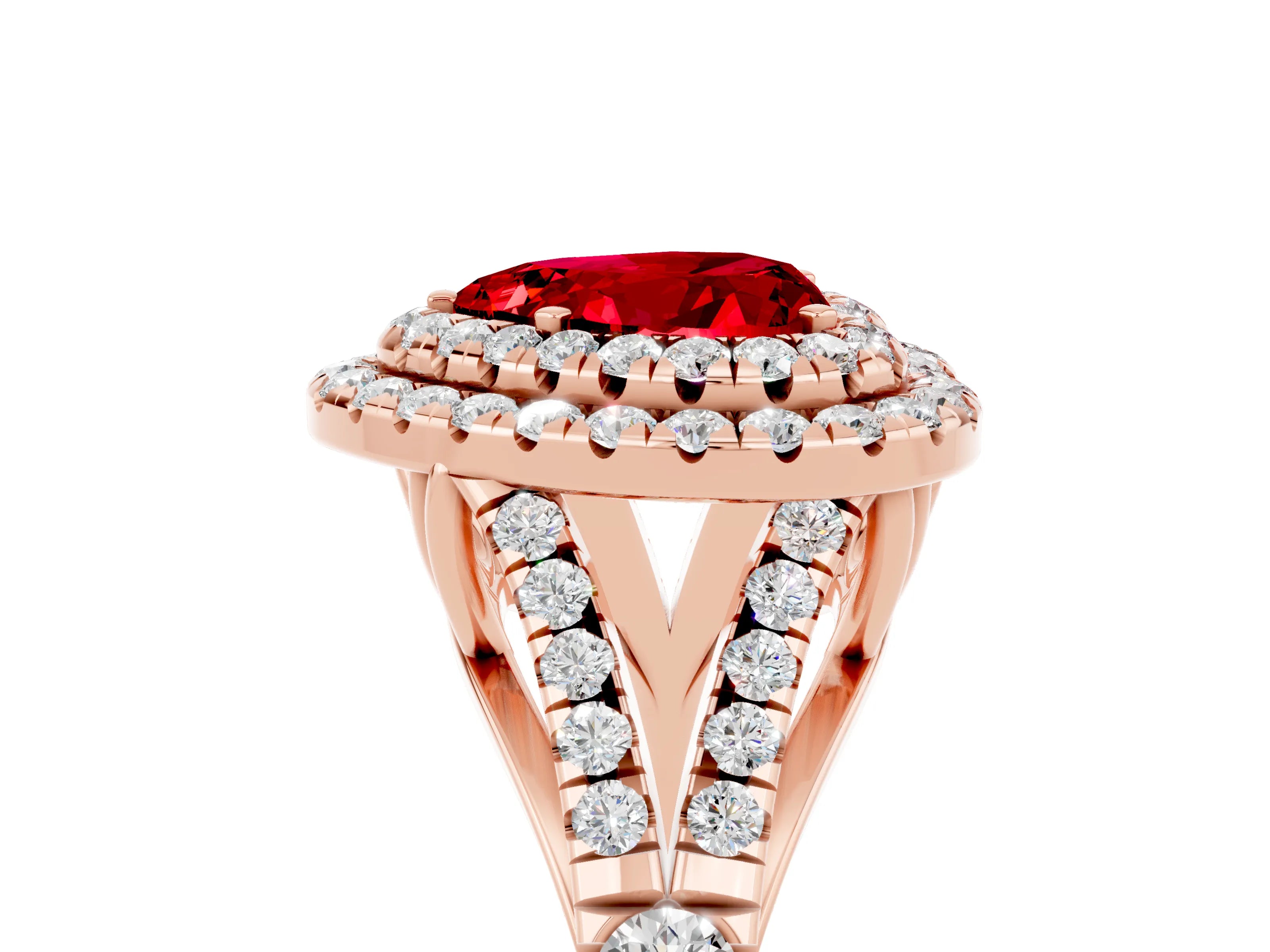 Rose gold Double Halo Heart Cut Ruby Split Shank Engagement Ring with Four-Prong Setting_5