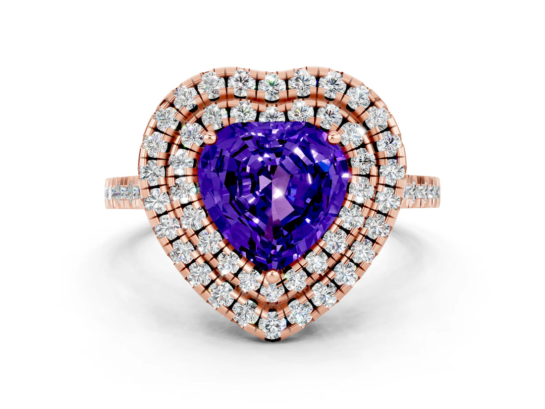 Rose gold Double Halo Heart Cut Tanzanite Pavé Band with Four-Prong Setting