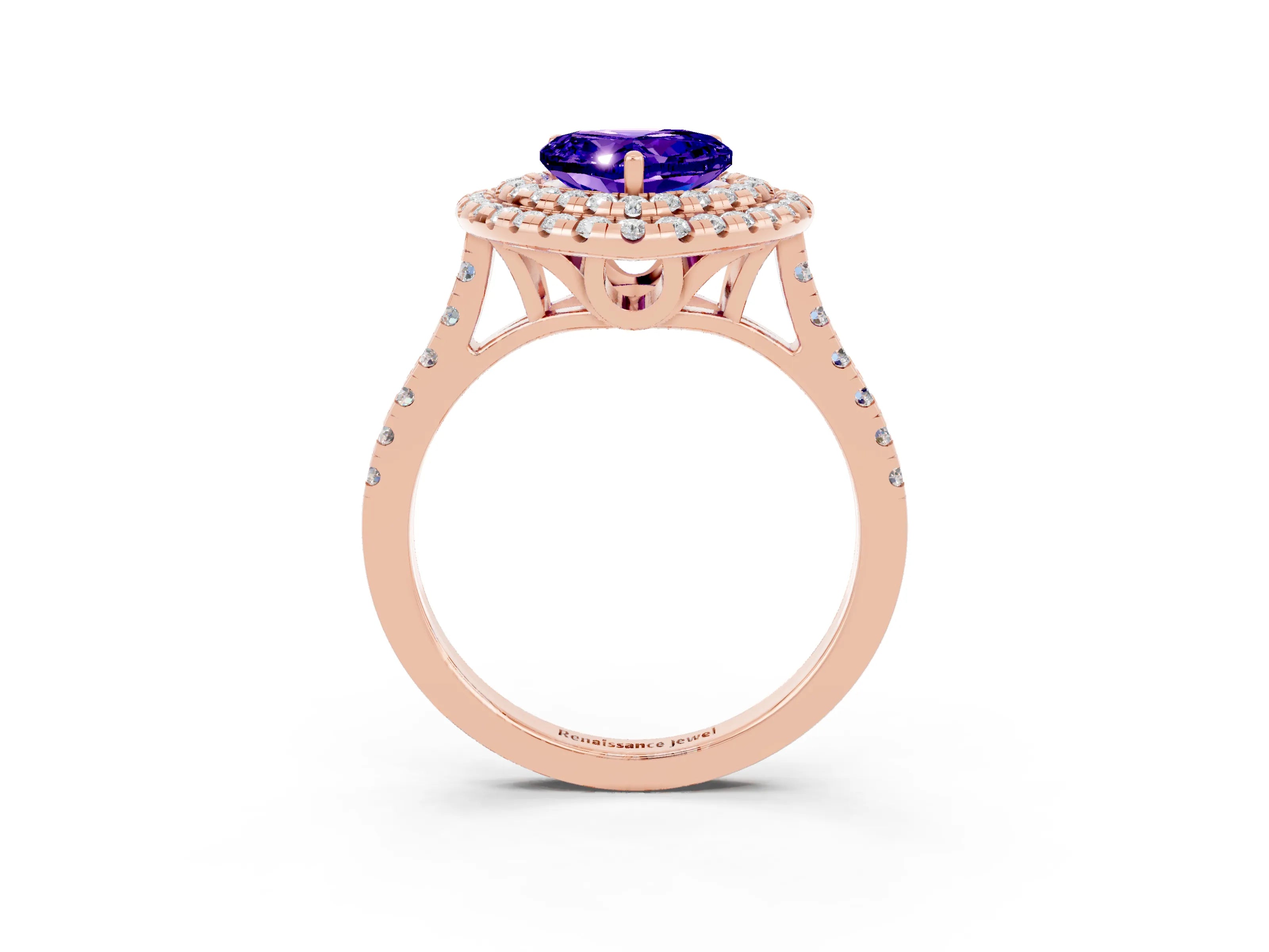 Rose gold Double Halo Heart Cut Tanzanite Pavé Band with Four-Prong Setting_3