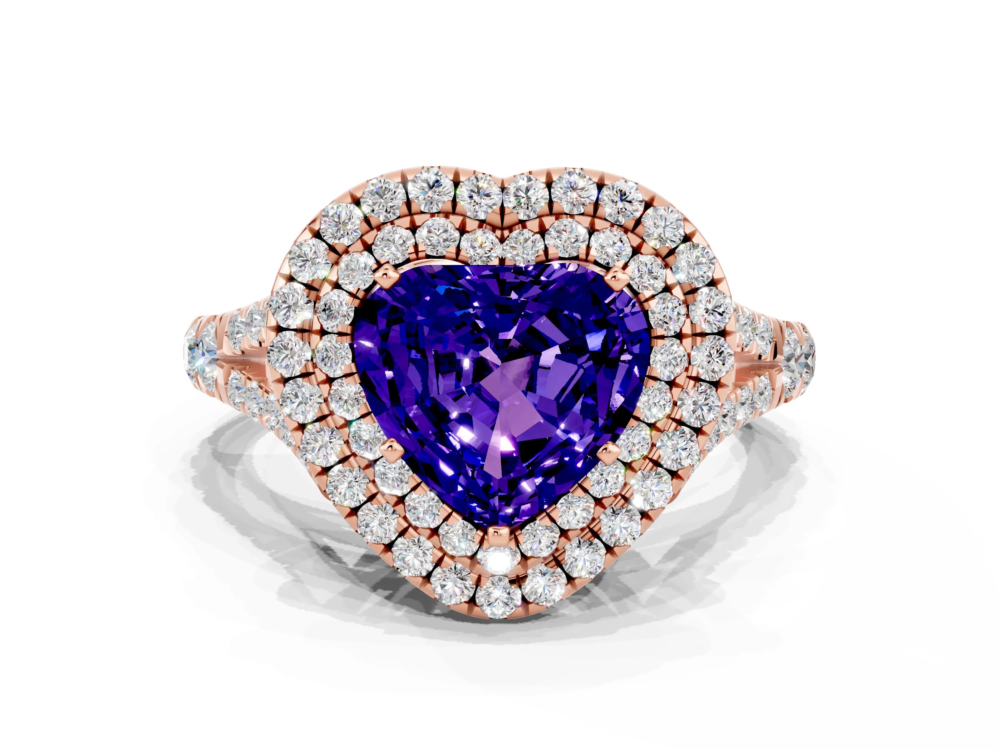 Rose gold Double Halo Heart Cut Tanzanite Pavé Split Shank Ring with Prong Setting