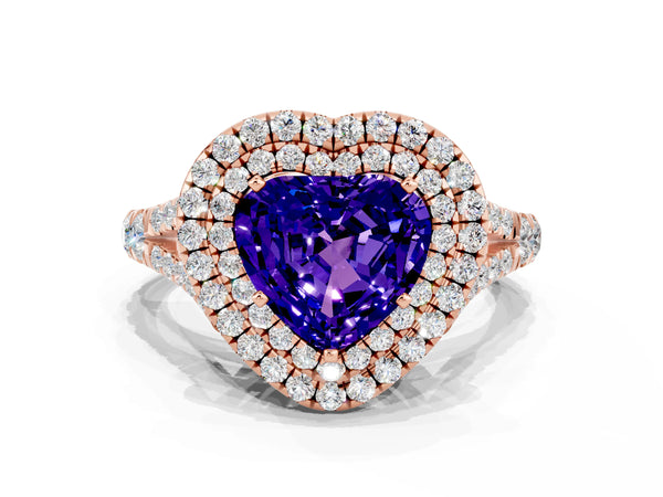 Rose gold Double Halo Heart Cut Tanzanite Pavé Split Shank Ring with Prong Setting
