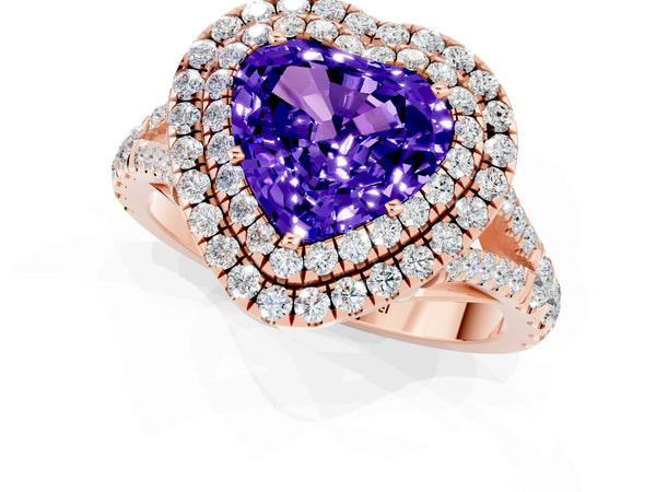 Rose gold Double Halo Heart Cut Tanzanite Pavé Split Shank Ring with Prong Setting