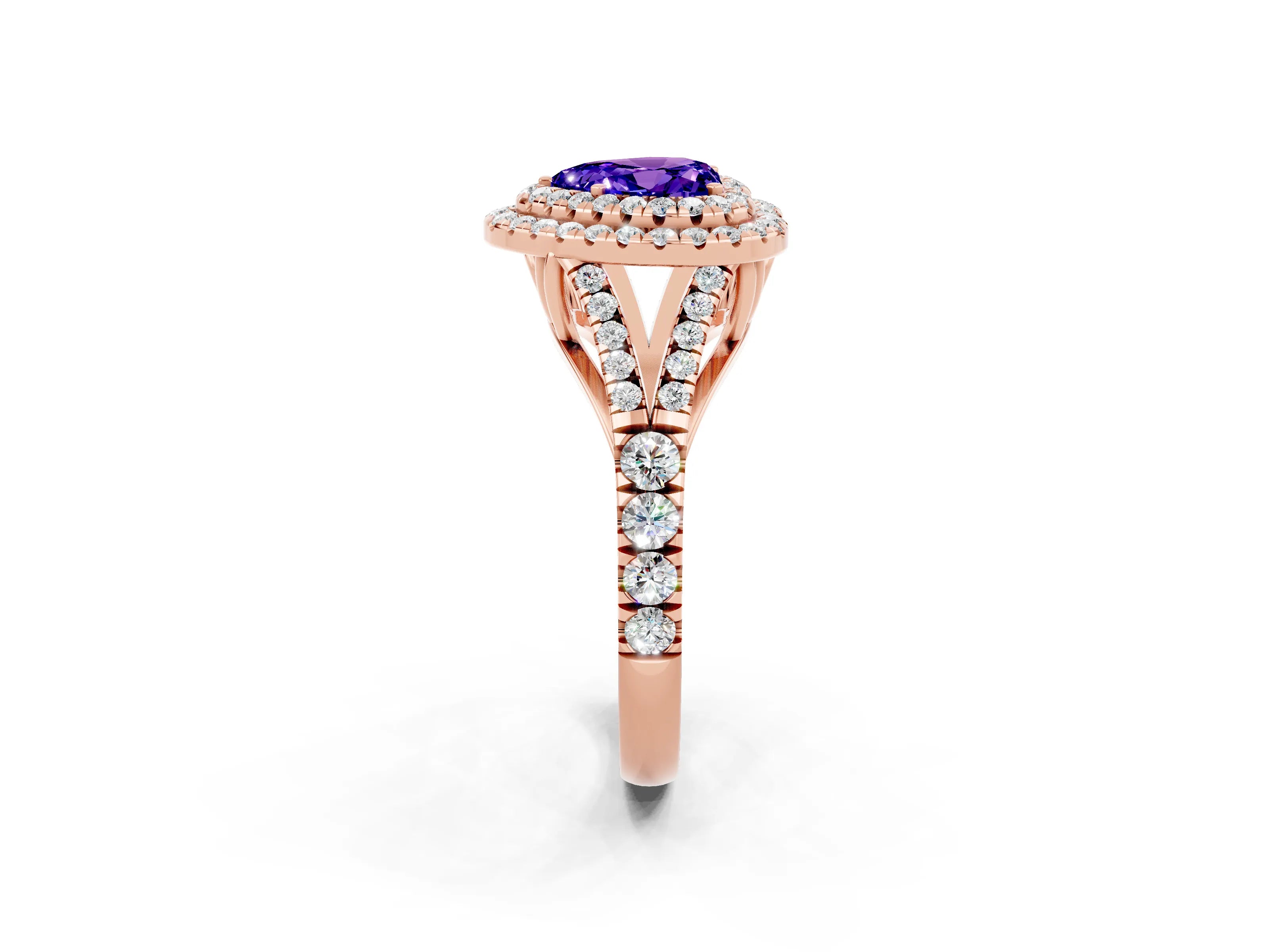 Rose gold Double Halo Heart Cut Tanzanite Pavé Split Shank Ring with Prong Setting_2
