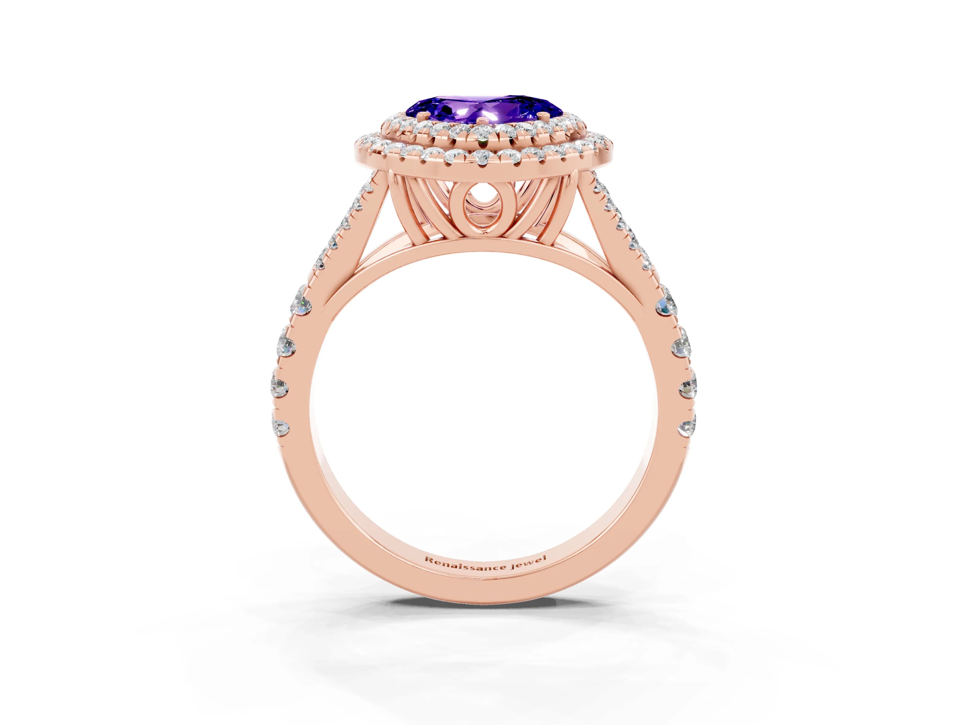 Rose gold Double Halo Heart Cut Tanzanite Pavé Split Shank Ring with Prong Setting_3