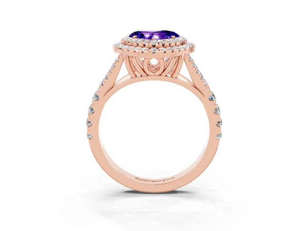 Rose gold Double Halo Heart Cut Tanzanite Pavé Split Shank Ring with Prong Setting
