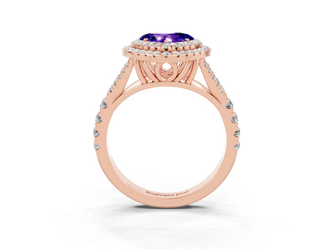 Rose gold Double Halo Heart Cut Tanzanite Pavé Split Shank Ring with Prong Setting_3
