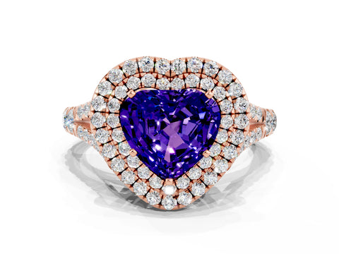 Rose gold Double Halo Heart Cut Tanzanite Pavé Split Shank Ring with Prong Setting