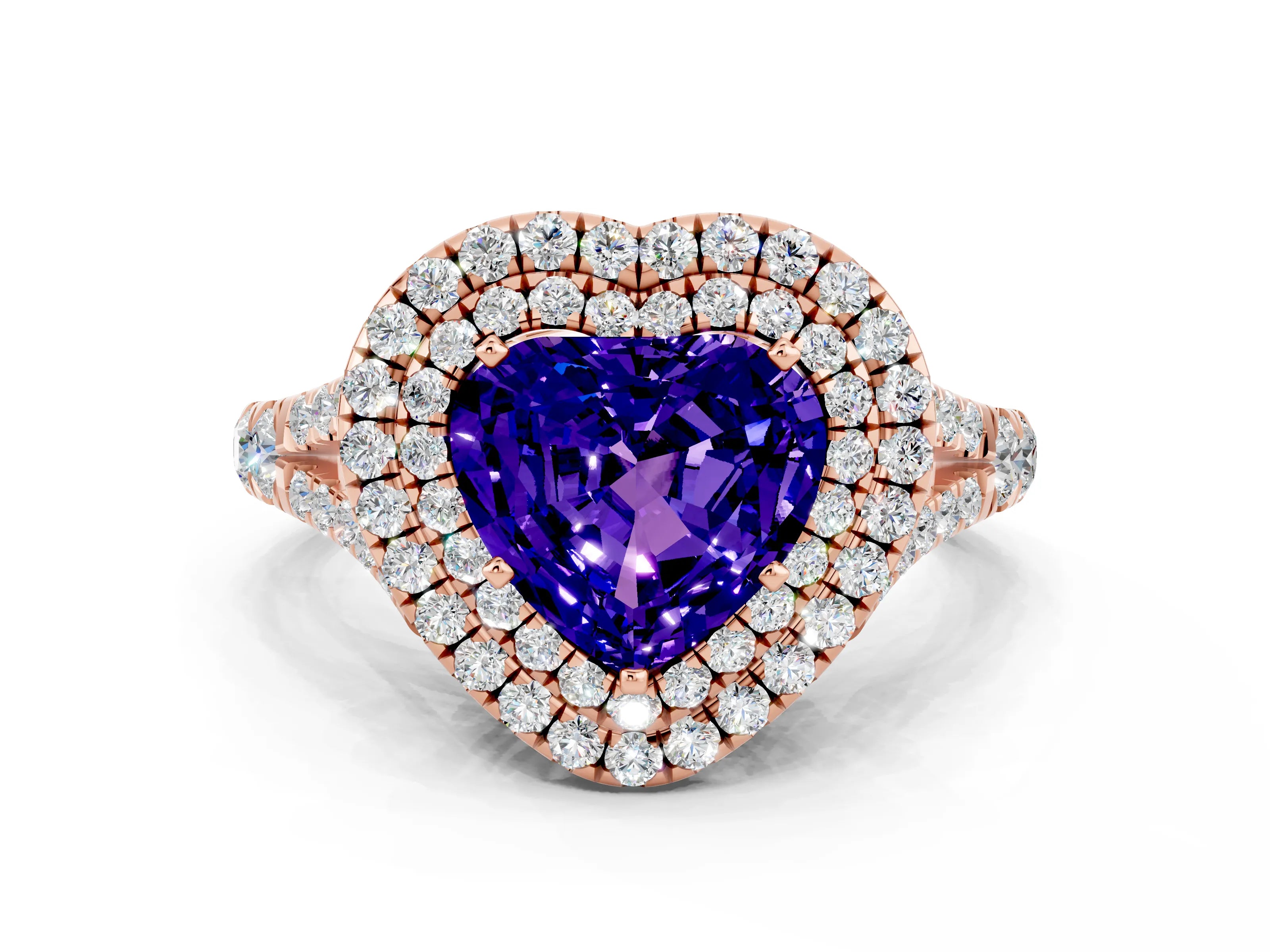 Rose gold Double Halo Heart Cut Tanzanite Split Shank Engagement Ring with Four-Prong Setting