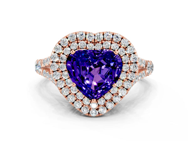 Rose gold Double Halo Heart Cut Tanzanite Split Shank Engagement Ring with Four-Prong Setting