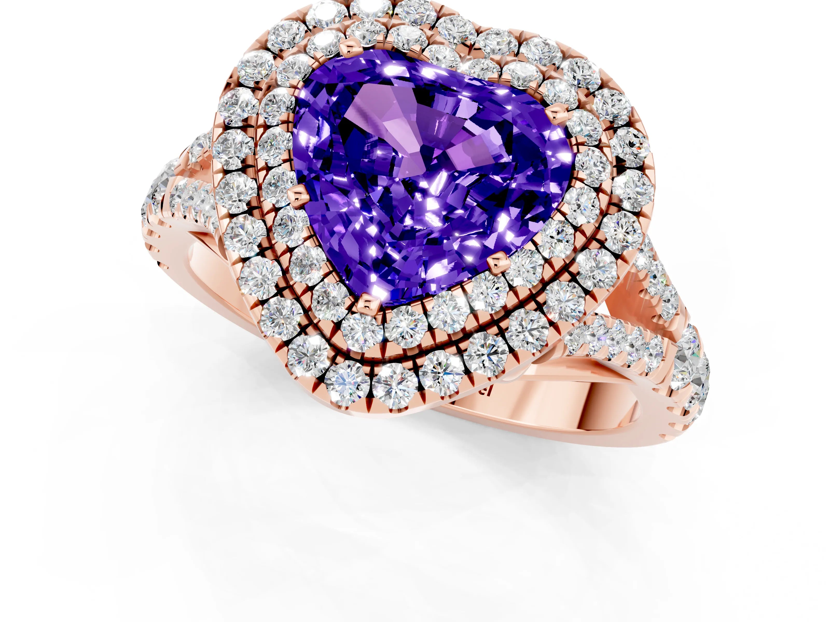 Rose gold Double Halo Heart Cut Tanzanite Split Shank Engagement Ring with Four-Prong Setting_1