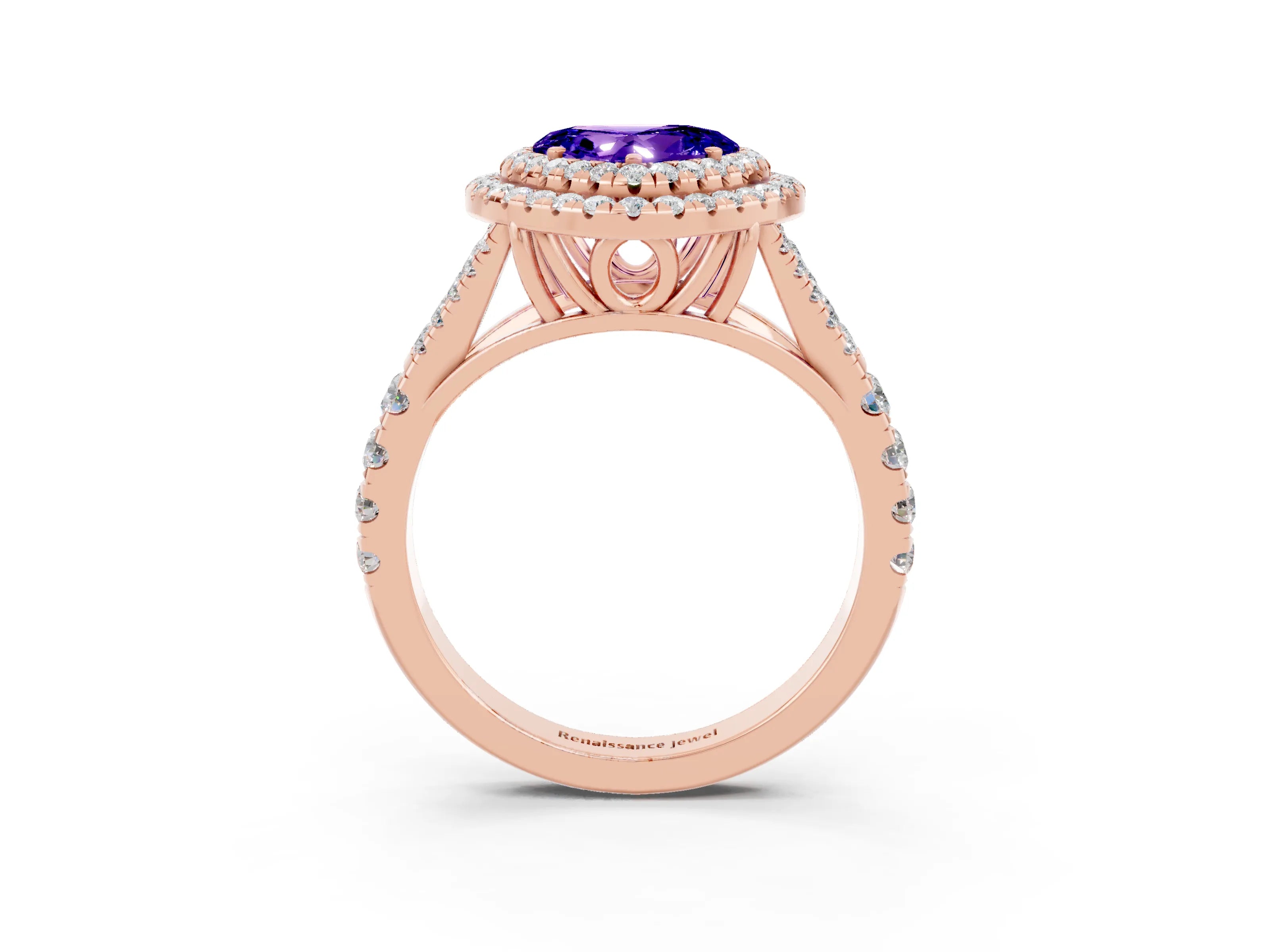 Rose gold Double Halo Heart Cut Tanzanite Split Shank Engagement Ring with Four-Prong Setting_3