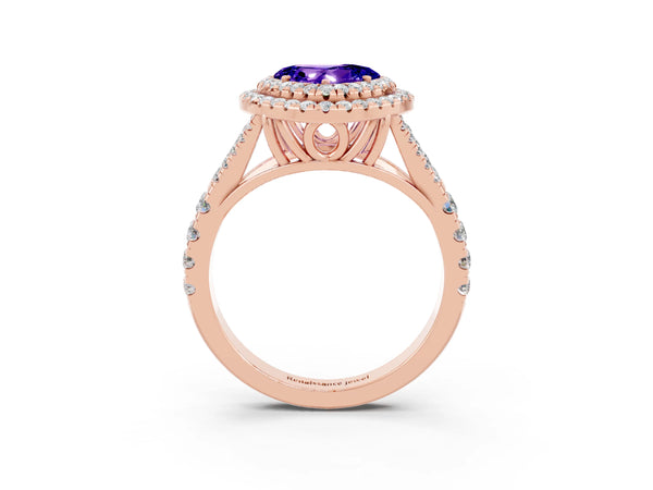 Rose gold Double Halo Heart Cut Tanzanite Split Shank Engagement Ring with Four-Prong Setting