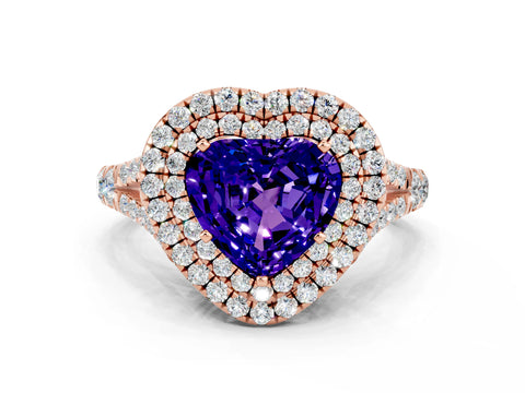 Rose gold Double Halo Heart Cut Tanzanite Split Shank Engagement Ring with Four-Prong Setting