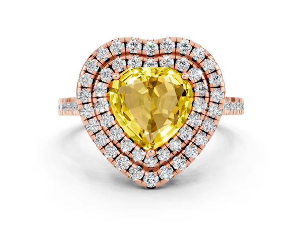 Rose gold Double Halo Heart Cut Yellow Sapphire Pavé Band with Four-Prong Setting