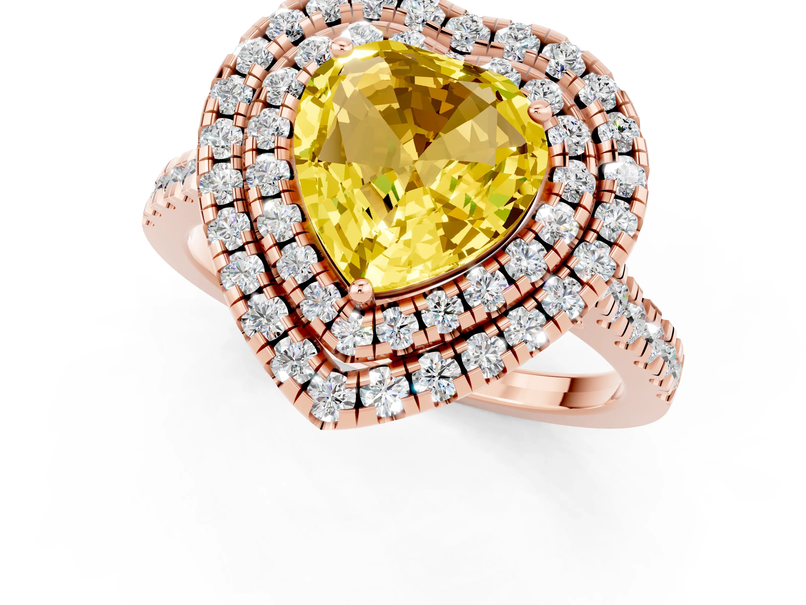 Rose gold Double Halo Heart Cut Yellow Sapphire Pavé Band with Four-Prong Setting_25