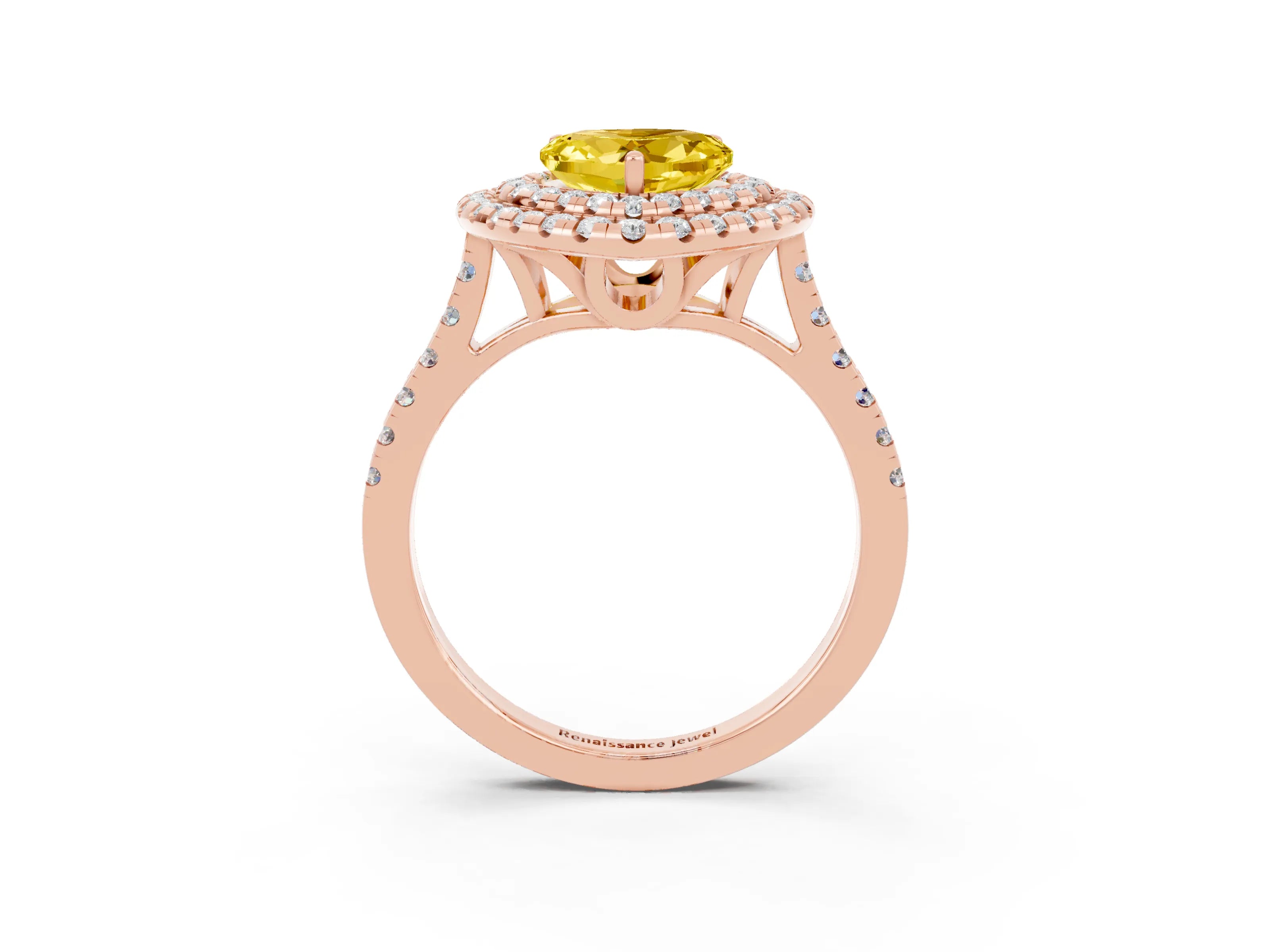 Rose gold Double Halo Heart Cut Yellow Sapphire Pavé Band with Four-Prong Setting_27