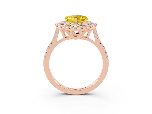 Rose gold Double Halo Heart Cut Yellow Sapphire Pavé Band with Four-Prong Setting