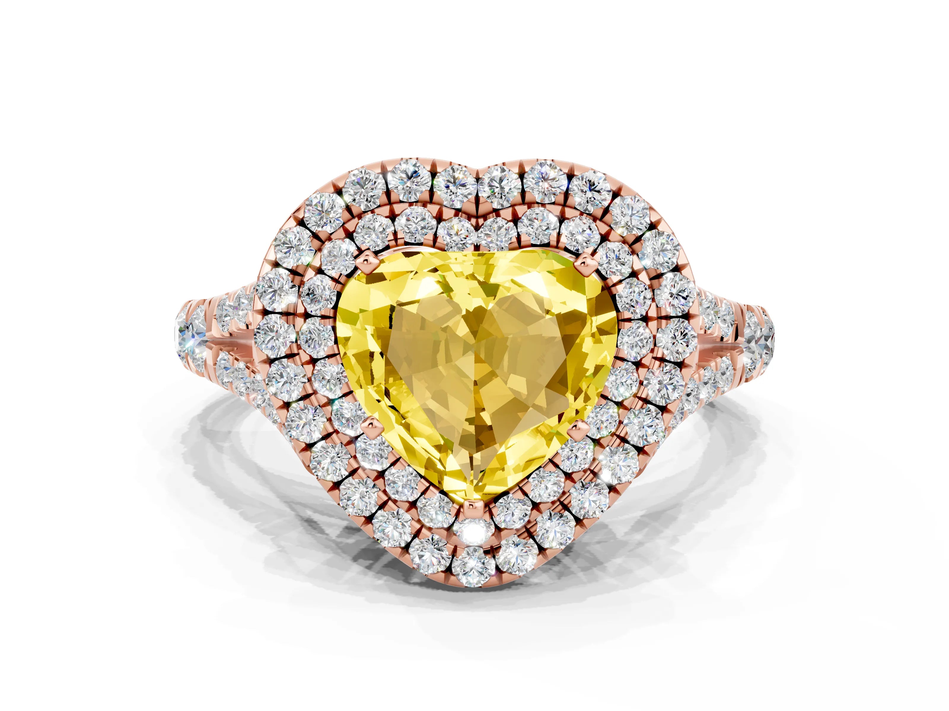 Rose gold Double Halo Heart Cut Yellow Sapphire Pavé Split Shank Ring with Prong Setting