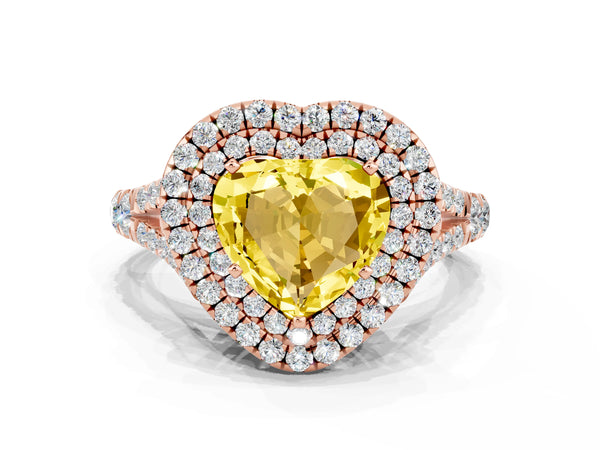 Rose gold Double Halo Heart Cut Yellow Sapphire Pavé Split Shank Ring with Prong Setting