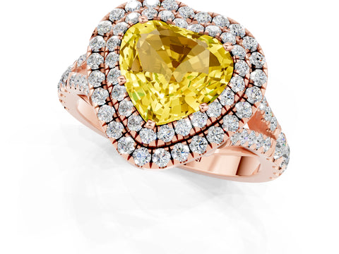 Rose gold Double Halo Heart Cut Yellow Sapphire Pavé Split Shank Ring with Prong Setting_1
