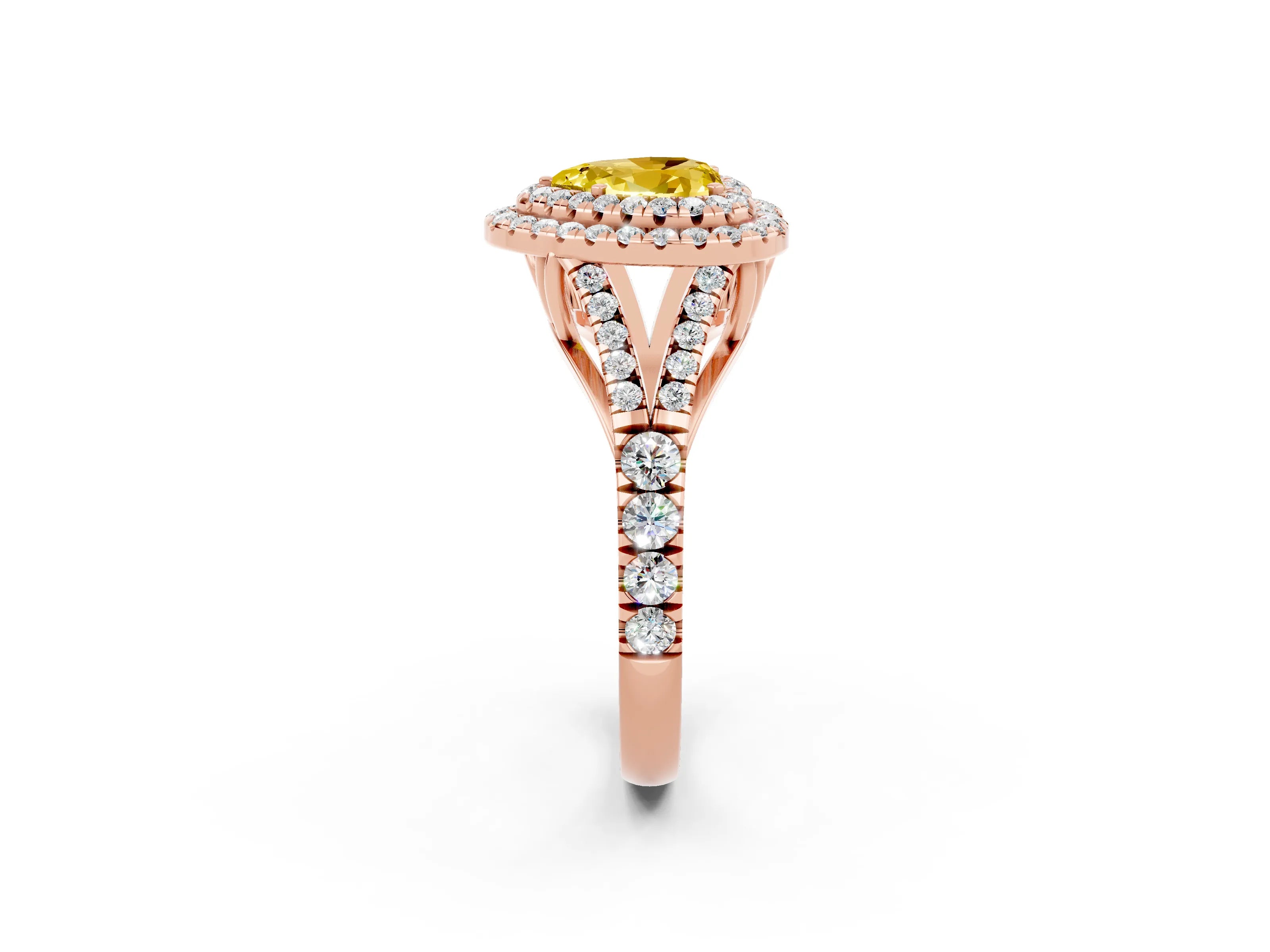 Rose gold Double Halo Heart Cut Yellow Sapphire Pavé Split Shank Ring with Prong Setting_2