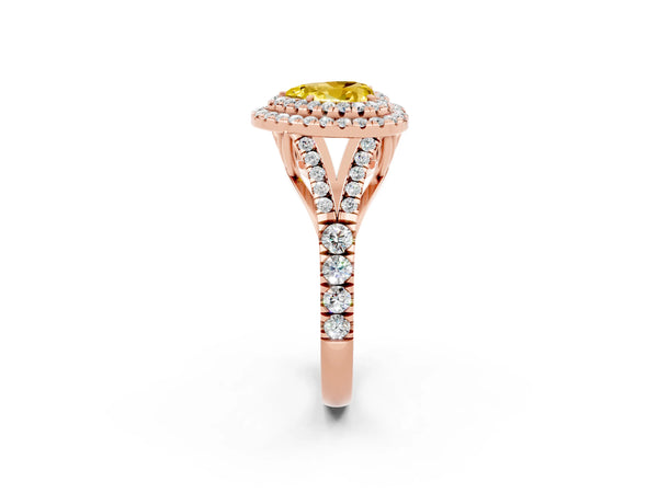 Rose gold Double Halo Heart Cut Yellow Sapphire Pavé Split Shank Ring with Prong Setting