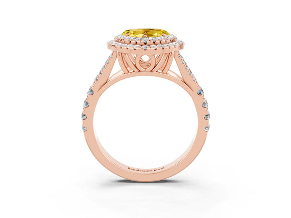 Rose gold Double Halo Heart Cut Yellow Sapphire Pavé Split Shank Ring with Prong Setting