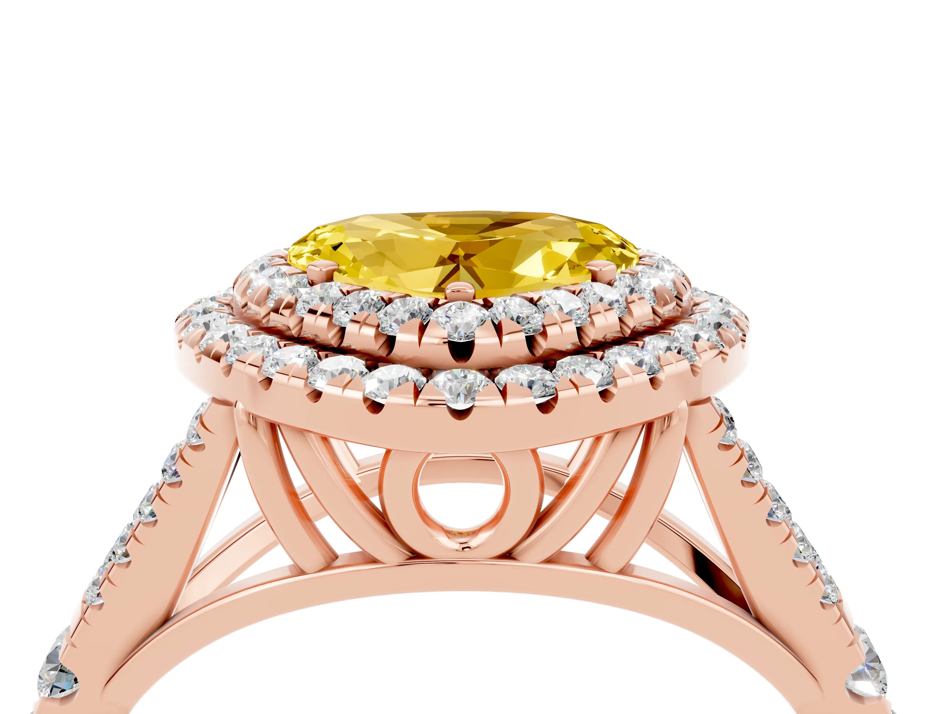 Rose gold Double Halo Heart Cut Yellow Sapphire Pavé Split Shank Ring with Prong Setting_4