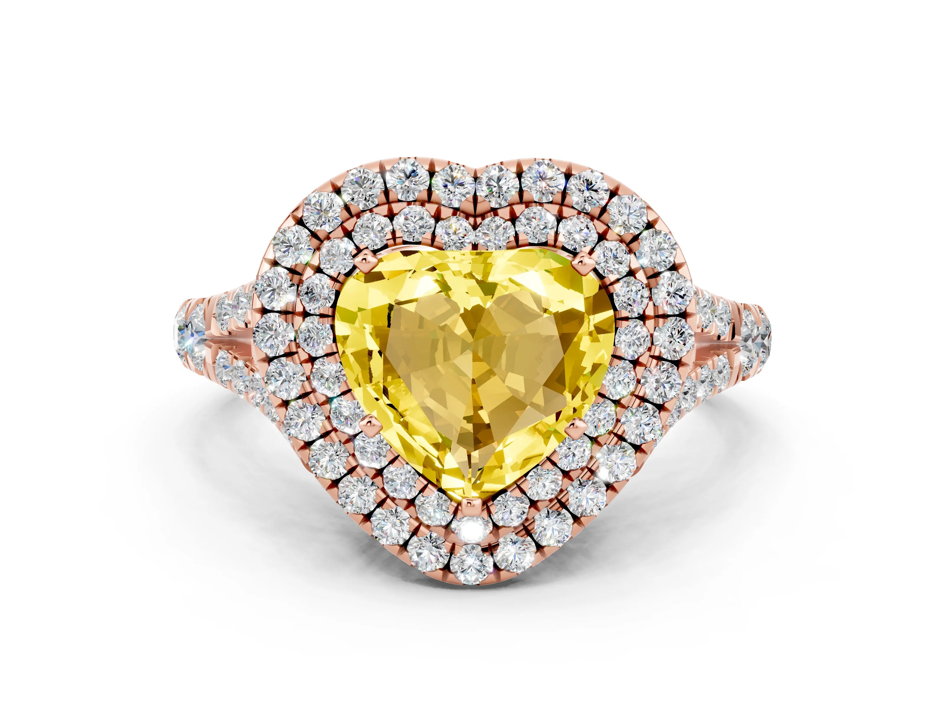 Rose gold Double Halo Heart Cut Yellow Sapphire Split Shank Engagement Ring with Four-Prong Setting