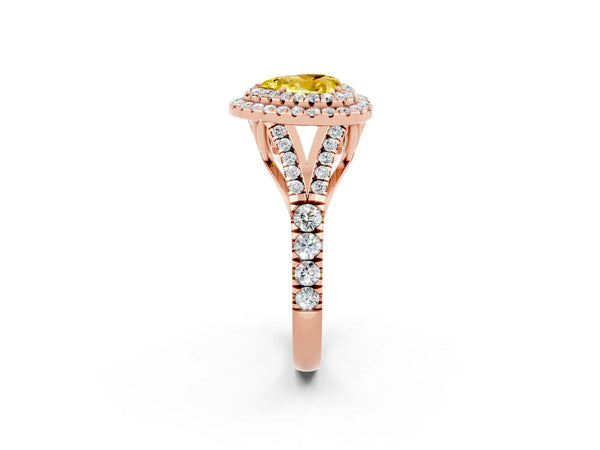 Rose gold Double Halo Heart Cut Yellow Sapphire Split Shank Engagement Ring with Four-Prong Setting