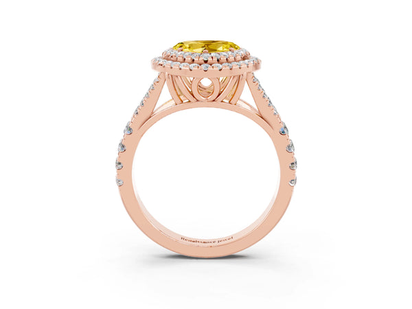 Rose gold Double Halo Heart Cut Yellow Sapphire Split Shank Engagement Ring with Four-Prong Setting