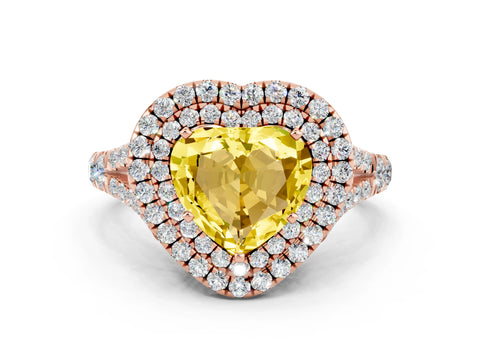 Rose gold Double Halo Heart Cut Yellow Sapphire Split Shank Engagement Ring with Four-Prong Setting