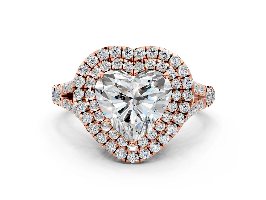 Rose gold Double Halo Heart-Shaped Split Shank Diamond Ring with Prong Setting_19