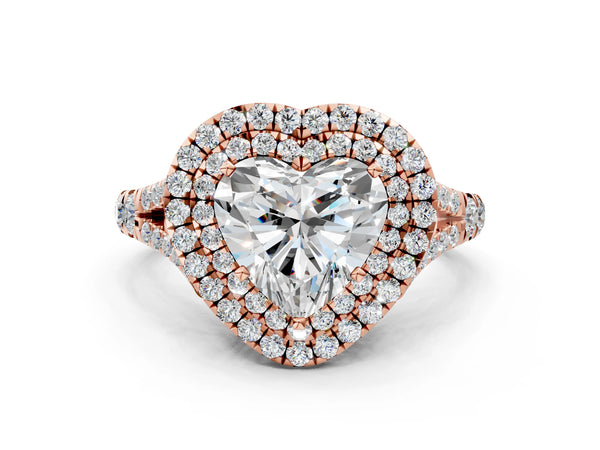 Rose gold Heart Cut Diamond Double Halo Ring with Split Shank and Prong Setting