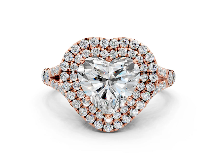 Rose gold Heart Cut Diamond Double Halo Ring with Split Shank and Prong Setting